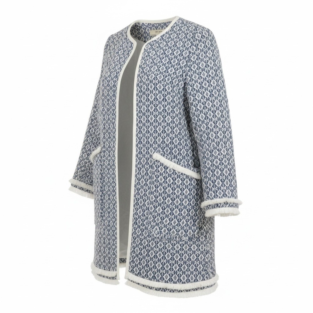 ZARA BASIC Blue White Tweed Geometric Pattern Fringe Trim Jacket Blazer Large‎